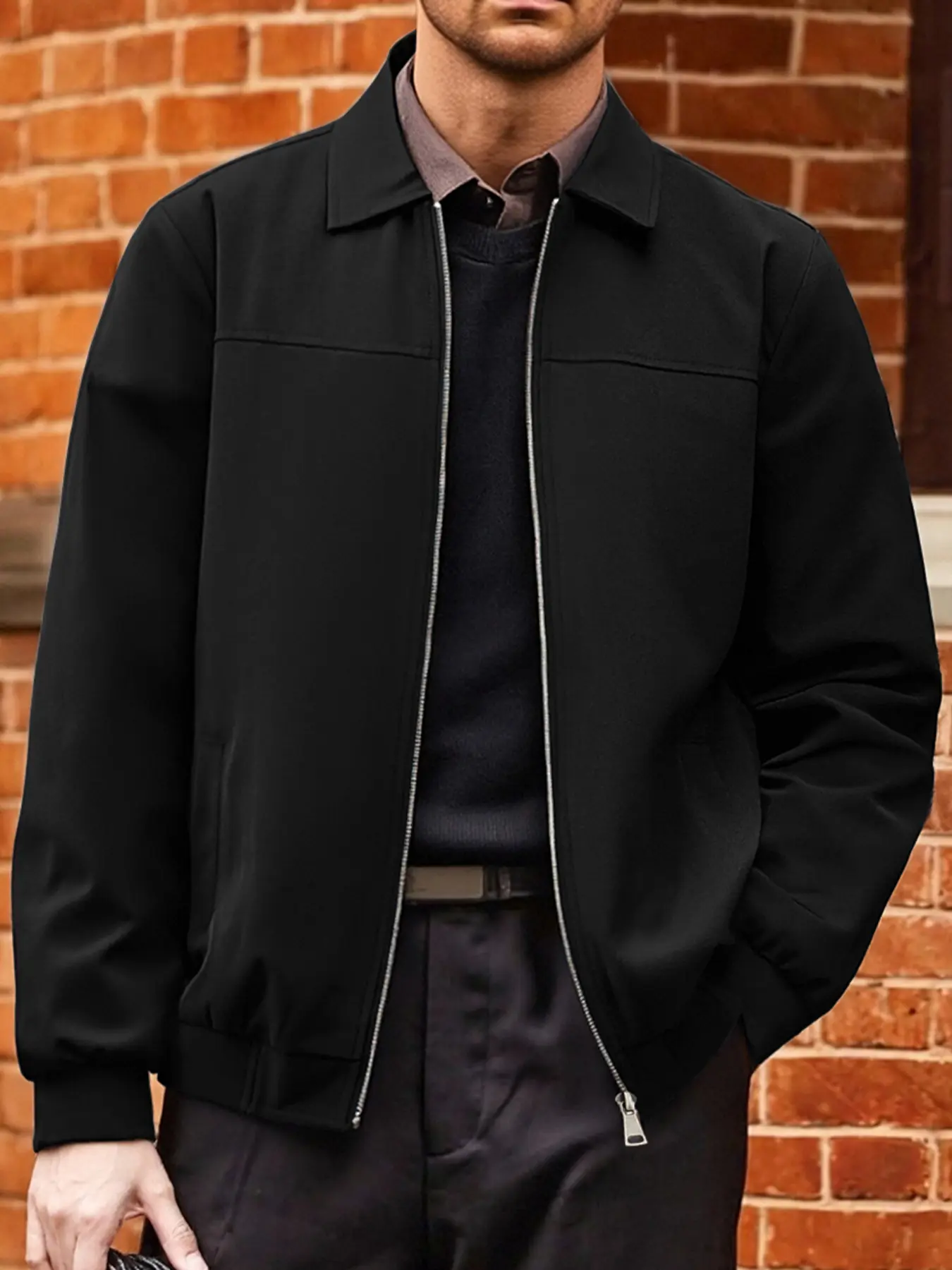 Men's Spring and Autumn casual jacket, 100% polyester fiber, zipper closure design, lightweight business collar jacket, easy to maintain fabric, suitable for work, travel and formal wear