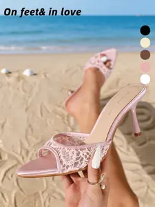 Elegant Lace High Heel Slippers for Women, Slim Heel Pointed Toe Sexy, Height Increase Slimming, Party Evening Shoes