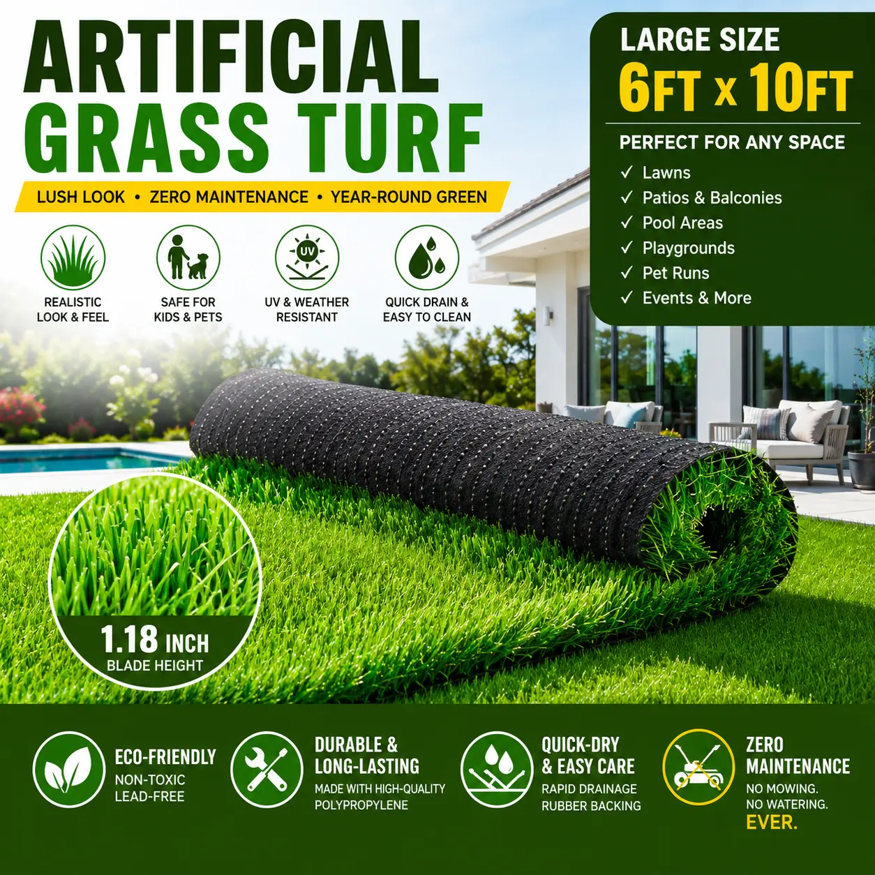 Artificial Grass Turf Synthetic Lawn Carpet 6x10 ft Realistic Thick Outdoor Fake Grass Rug Weather Resistant Pet Friendly Grass Mat for Backyard Patio Balcony Dog Area Garden Landscaping Indoor Outdoor Decor