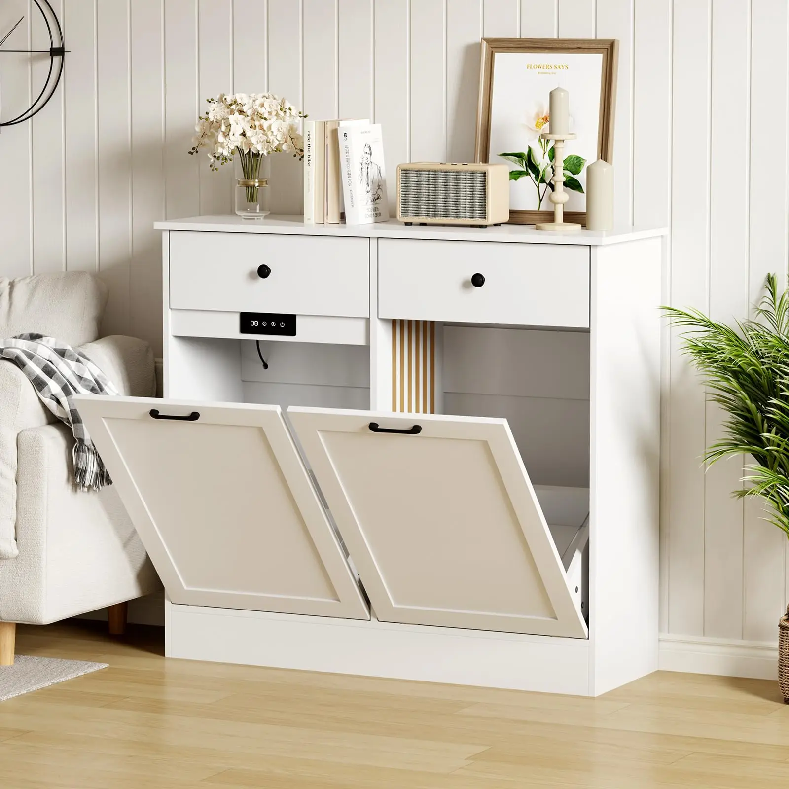 GARVEE Double Tilt Out Wooden Trash Cabinet with 20 Gallon Capacity, Hidden Design, Deodorizing Function, Farmhouse Style Laundry Hamper, and Pet Proof Features