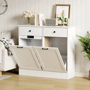 GARVEE Double Tilt Out Wooden Trash Cabinet with 20 Gallon Capacity, Hidden Design, Deodorizing Function, Farmhouse Style Laundry Hamper, and Pet Proof Features