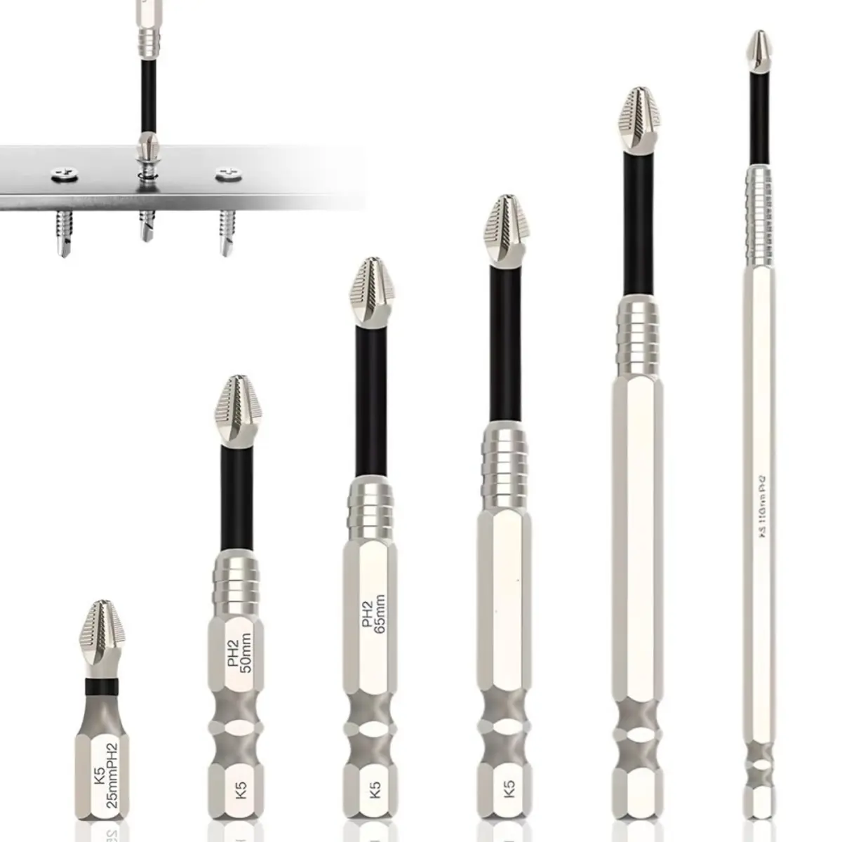 Upgraded alloy steel high magnetic screwdriver bit set, strong magnetic durable screwdriver bit set, anti-slip magnetic electric screwdriver set, portable, suitable for home assembly and repair, outdoor maintenance, impact driver (6-piece set, silver)