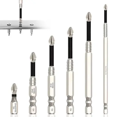 6-Piece Silver Upgraded Alloy Steel High-Magnetic Screwdriver Bit Tool Kit - Heavy-Duty Flex-Load Power Tool with 100mm/50mm Sizes, Anti-Slip, Portable, Long-Lasting Magnet, Ideal for Home Assembly, Repair