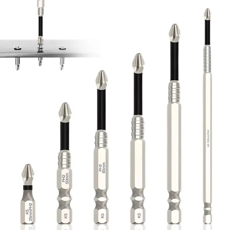 6-Piece Silver Upgraded Alloy Steel High-Magnetic Screwdriver Bit Tool Kit - Heavy-Duty Flex-Load Power Tool with 100mm/50mm Sizes, Anti-Slip, Portable, Long-Lasting Magnet, Ideal for Home Assembly, Repair