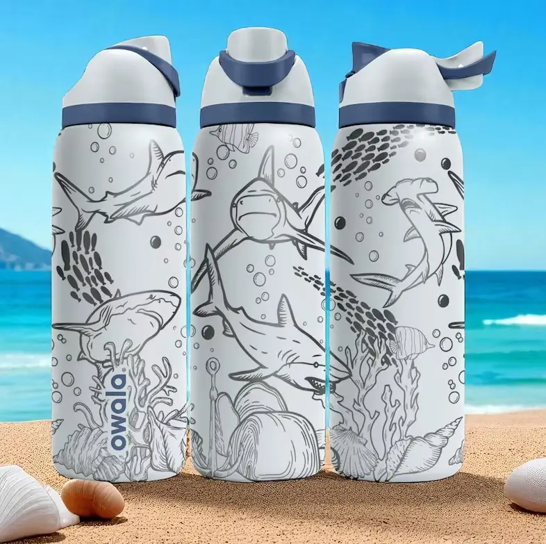 Owala 32oz Shark Engraved Tumbler – Insulated Stainless Steel FreeSip Water Bottle, Coral Reef Sea Life Design, Reusable Drinkware