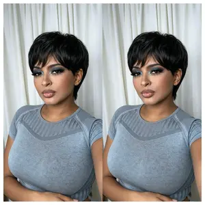 1B Natural Black Short Pixie Cut Wig Virgin Brazilian Human Hair Go‑To‑Wear Versatile Pre‑Cuttable Full Machine Made Glueless Wig for Black Women Daily Summer Wear