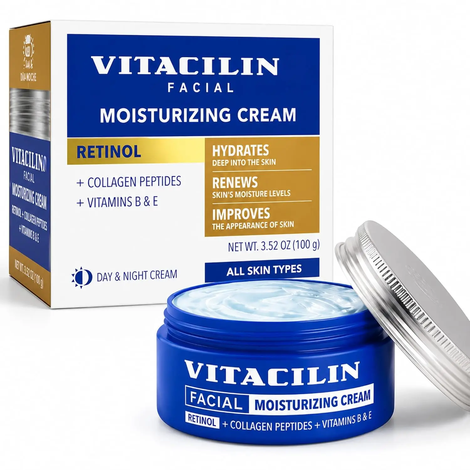 Vitacilin Facial Moisturizer with Retinol, Collagen Peptides & Vitamins B + E, 3.5 oz for All Skin Types