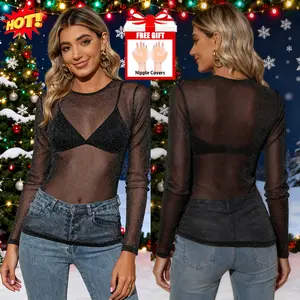 Women Glitter Sheer Mesh Long Sleeve Top Round Neck See Through Sparkle Blouse Sexy Club Party Night Out Cover Up Without Bra