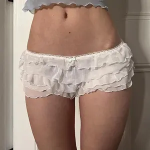 Lamuusaa Bloomers Women Aesthetic Mini Bow Elastic Waist Low Rise Layered Ruffle Under Shorts for Dresses Summer Clothes