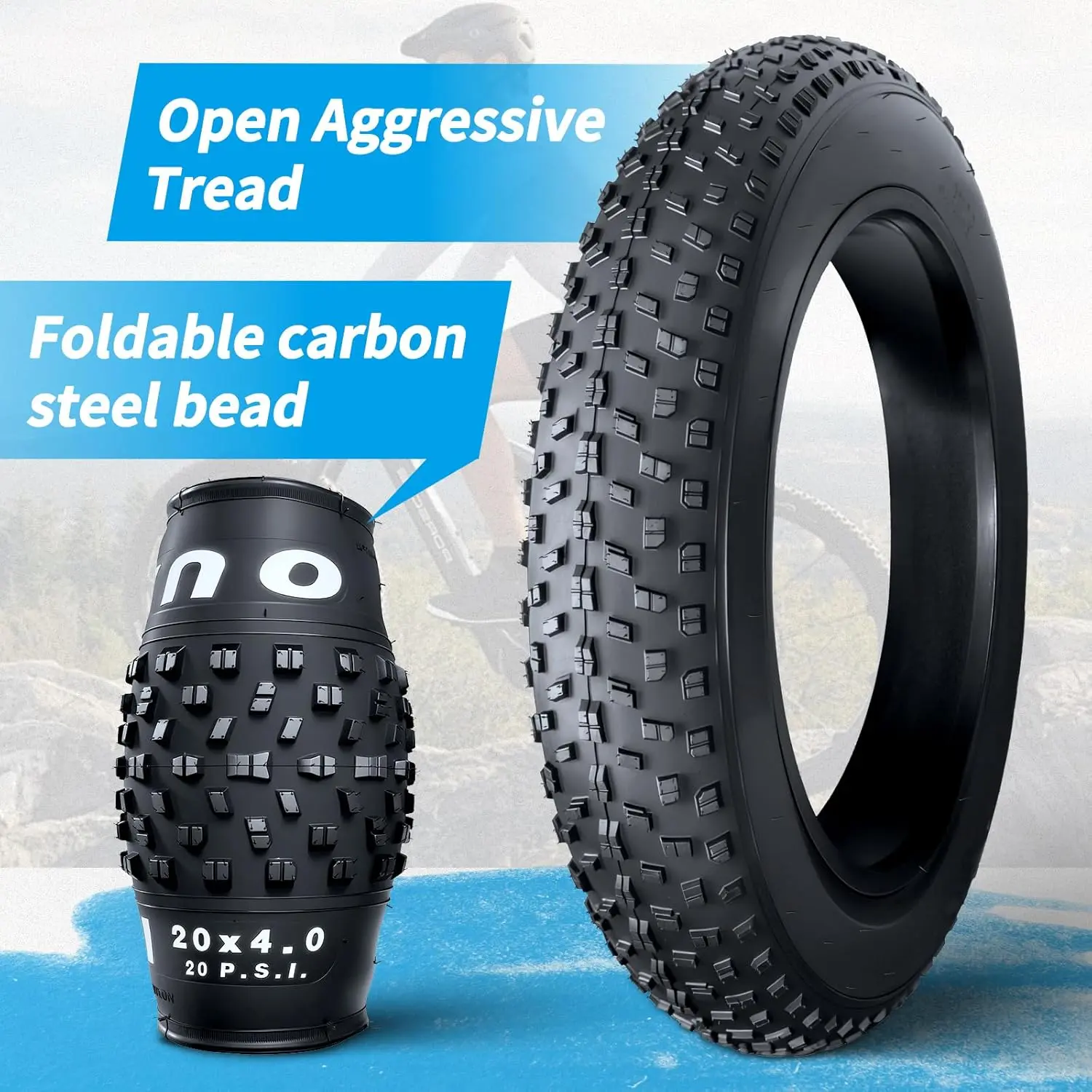 OUXI 20x4.0 Butyl Rubber Puncture-Proof Fat Tire Tube with Schrader Valve - 20 p.s.i., Folding Replacement for Mountain Bike, Ebike, Snowmobiles, MTB Compatible Off-Road All-Terrain Directional Tread Tube