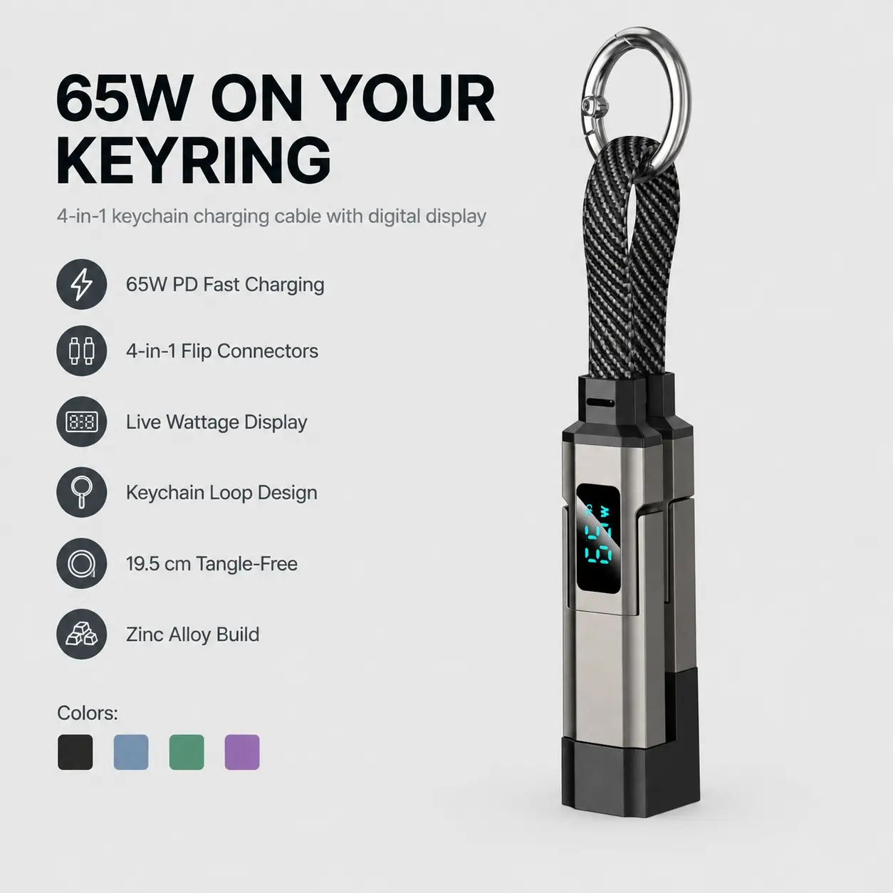 Quriov 65W 4 in 1 Keychain Charging Cable with Digital Display, Short USB-C & Lightning Fast Charging for iPhone 18 Pro Max/17/16/15/14/13, Samsung