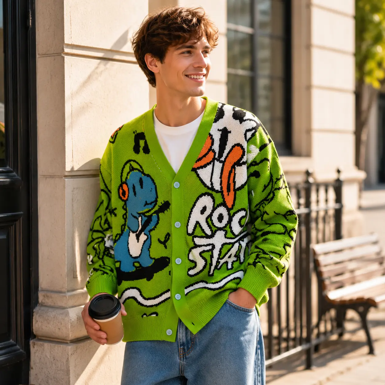 Men's Knit Cardigan with Dinosaur Graffiti Graphic, Oversized V-Neck Button-Down Streetwear Sweater Jacket, Preppy, Chic, Cartoon