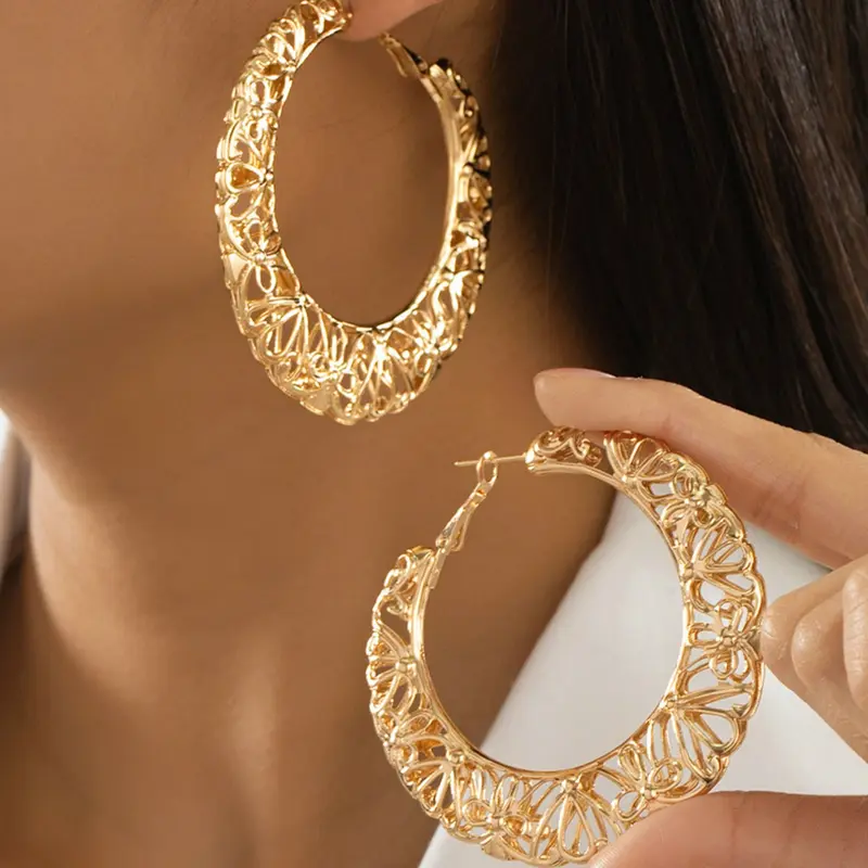 Women's Boho Hollow Out Design Earrings, Bohemian Earrings, Vintage Alloy Jewelry, Retro Style Ear Accessories, Creative Ladies' Accessory, Hoop Earrings, Dainty Fashion Jewelry, Fashionable Accessories