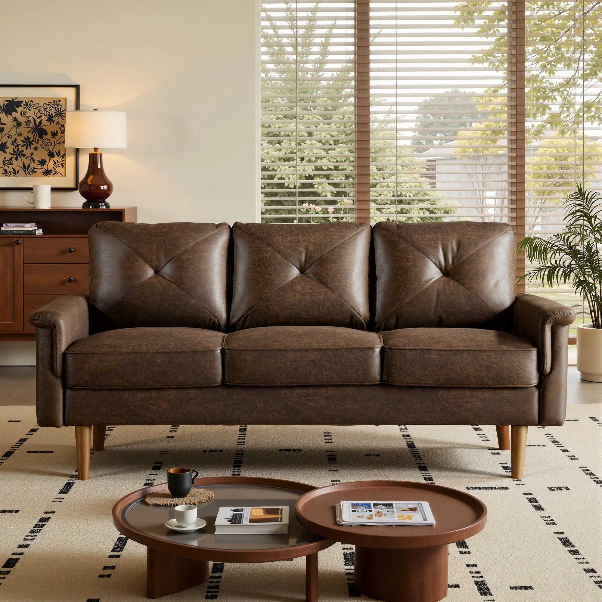 71" W Faux Leather Suede Sofa Couch, Button-Tufted 3-Seater Sofa with Wooden Legs, Mid Century Modern Upholstered Couch for Living Room, Entertainment Area, Apartment, Small Space, Love Seat, Vintage