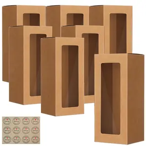 Brown Bakery Boxes with Window,8.7'x3.15'x3.15' Cookie Boxes, Bakery Treat Boxes for Pastry, Dessert, Chocolate Strawberries, Cupcake Containers, Gift Giving with Stickers & Twine （Brown）