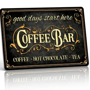 8x12 Inch Aluminum "Coffee Bar Good Days Start Here" Metal Sign – Elegant Retro Wall Art for Kitchen, Coffee Shop & Home Office. Ornate Black/Gold Design, Waterproof & Uplifting. Ideal for Coffee Enthusiasts.