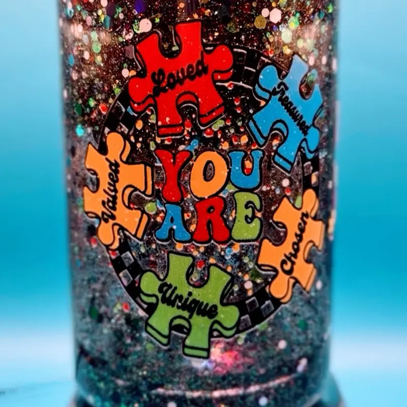 All About Autism Glittered Puzzle Pieces Motivational Bottle for Support and Awareness