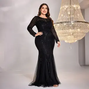 Plus Size Sheer Crew Neck Long Sleeve Sequined Fish Tail Dress – Highly Stretchy, Comfortable, Elegant, Light Luxury Formal Wear Suitable for Weddings, Graduation Dances, Banquets/Parties; Mother’s Bridesmaid Dress