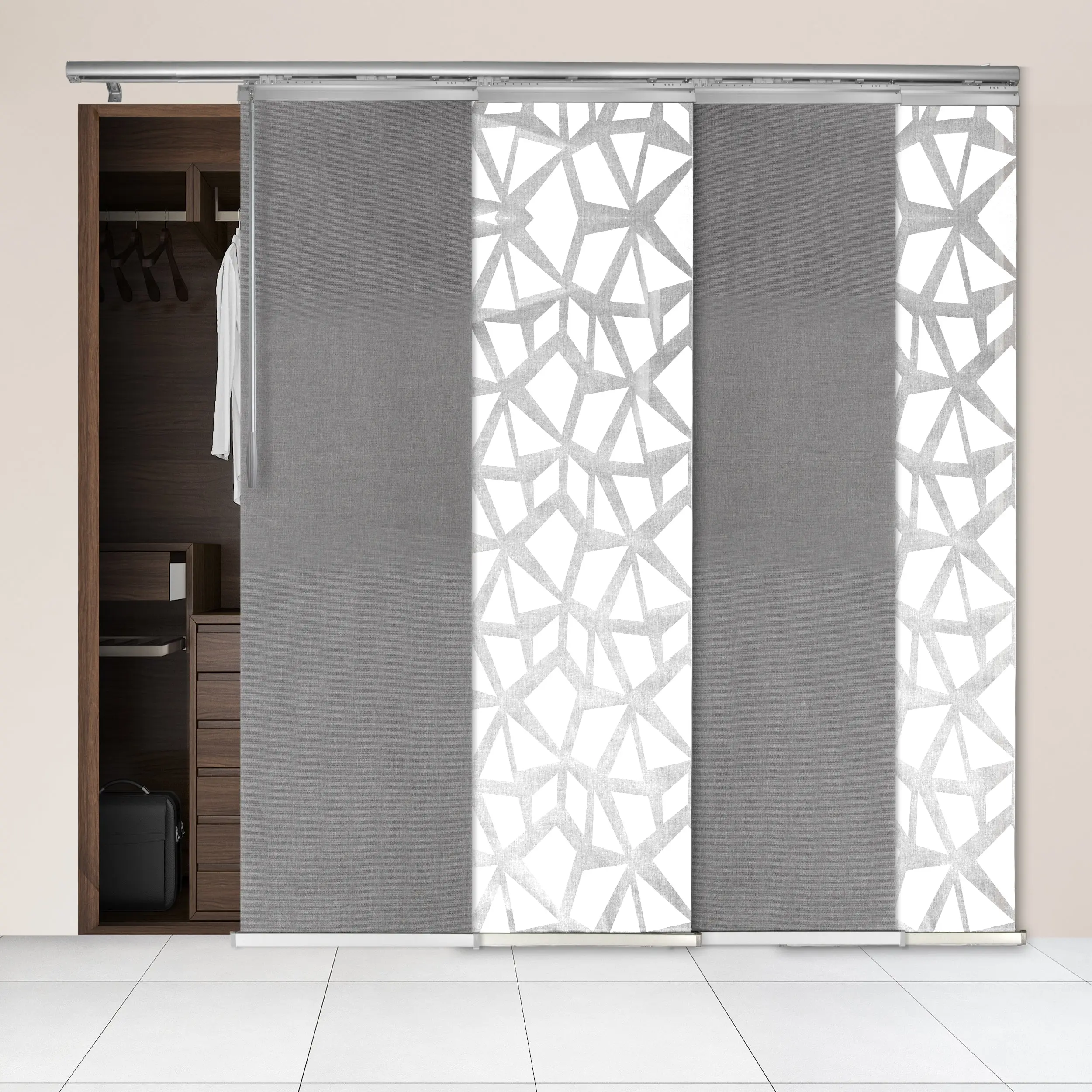 4-Panel Single Rail Panel Track Blind Extendable 48"-88"W x 91.4"H, Panel width 23.5", Shattered, Woven Gray