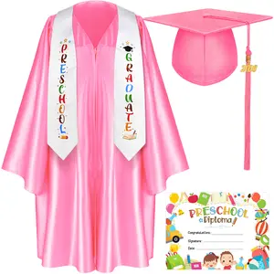 Preschool Graduation Outfit Class of 2026 Satin Graduation Cap and Gown Set with Stole Tassel Certificate, Cute Ceremony Photo Ready Attire for Pre-K Grad Party Photoshoot Teachers Parents Preschool Graduation Gift for Daughter Son Boys & Girls Students