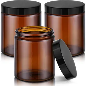 8oz Amber Glass Jars with Lids, 3 Pack Candle Jars with Blank Labels, 250g Wide Mouth | Lotion Container for Sample, Cream, Lotion, Honey, Powder, Jelly | Home & Beauty