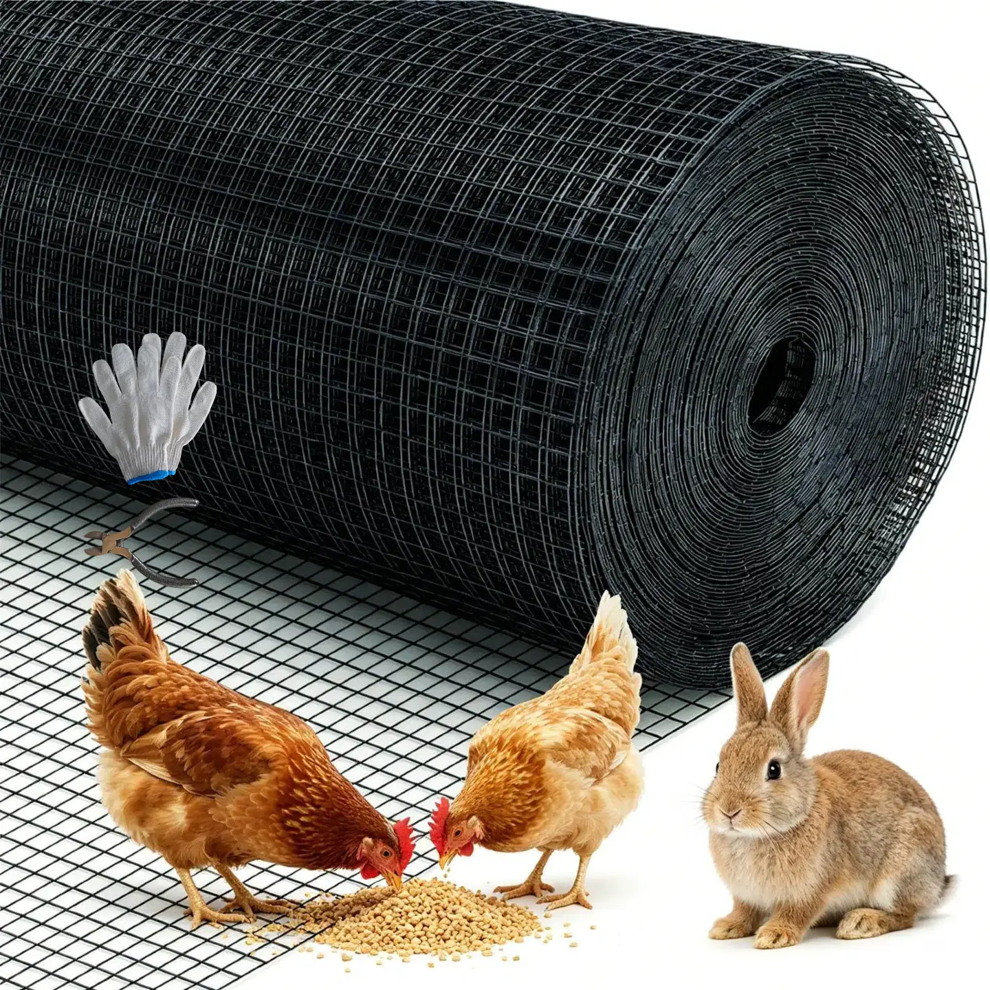 Black Hardware Cloth 1/2 inch 48in x 100 Ft 19-Gauge  with Snips/Gloves, Vinyl Coated Chicken Wire Fencing, Wire Mesh Roll  , Chicken Wire Fence Roll, Chicken Coop Wire, Tree Guard, Welded Wire Fencing Pest Control Netting Mosquito Collector