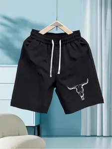 Men's Western Longhorn Skull Graphic Shorts - Lightweight Summer Cowboy Casual Shorts, Fitted Drawstring Design, All Seasons Wear