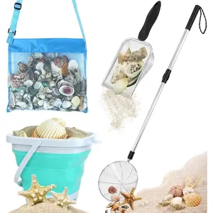 P-TBT083  Shark Tooth Sifter, Beach Sand Sifter, Sea Shell Scooper for Beach, Shell Bags&Foldable Bucket, Sand Beach Toys for Kids 6 8 10 12, Medium, Blue