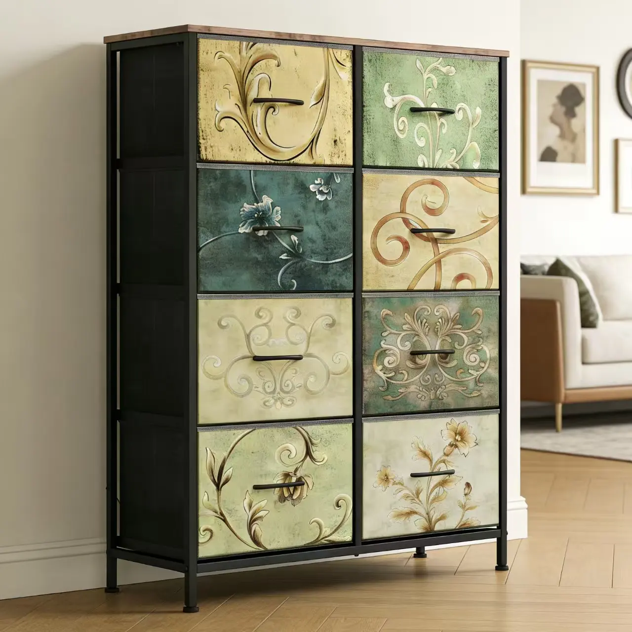 8-Drawer Fabric Dresser Organizer with Wood Top & Steel Frame - Vintage Floral Painted Storage Unit for Bedroom, Hallway, Closet & Entryway