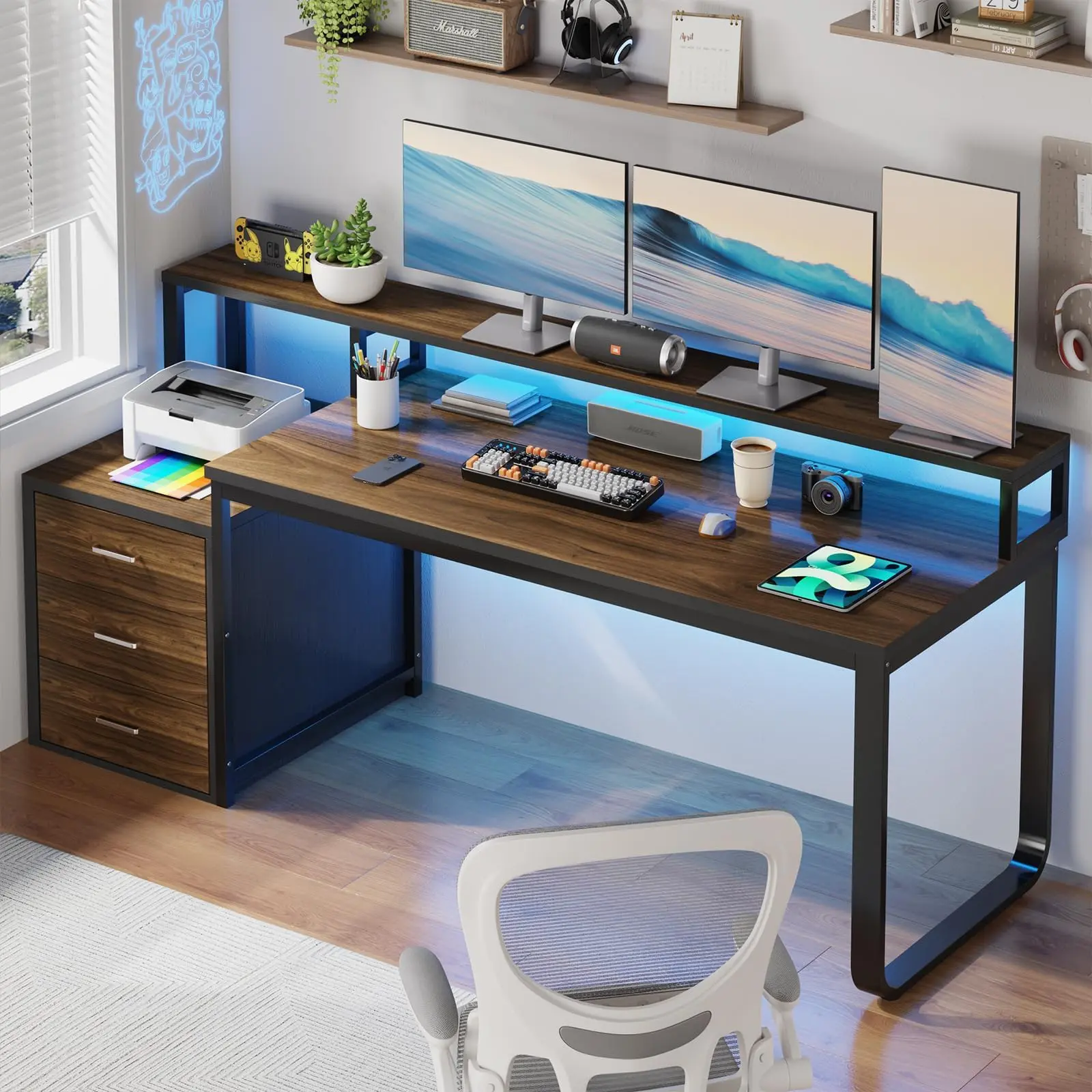 HOMBCK Desk with Long Monitor Stand and Printer Space, Office Desk with Storage & LED Lights, Writing Desk with Drawers#SohoChic