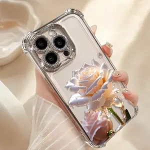 Crystal Clear Rose Phone Case for 17 16 15 Plus 14 13 12 11 Pro Max Premium Slim Shockproof Four-corner Airbag Electroplating Cover for Men and Women