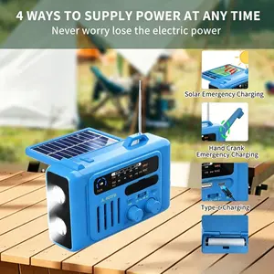Solar Hand Crank Emergency Radio, NOAA/AM/FM Radio with LED Flashlight and Reading Light, USB Type-C/Solar/Hand Crank Charging, Bluetooth Speaker, SOS Alarm and Compass, Perfect for Camping, Indoor, Outdoor and Emergency Use