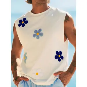 Men's Tropical Floral Stretch Fabric Beach Tank Top - Sleeveless Graphic Menswear Muscle Basic Vacation Top