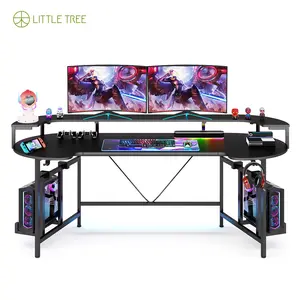 LITTLE TREE 75 Inch Gaming Desk with Monitor Shelf, Large PC Computer Desk with LED Lights, Gaming Table Gamer Desk for Bedroom, Home Office, and eSports Gaming Setup