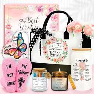 Christian Gifts for Women Faith Based  Inspirational Gifts for Women Birthday  Catholic   Accessories Inclue  Verse Jar Butterfly Decorations Socks Glass Can Candles Tote Bag
