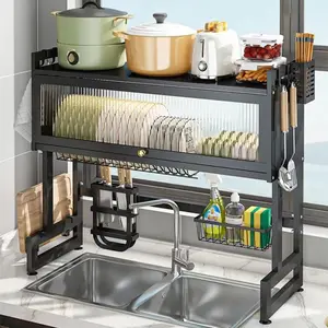 Over The Sink Dish Drying Rack Black 33.5 inch Space Saving Dish Rack with Cover for Kitchen Storage of Dishes and Cutlery Organiser