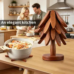 Wooden Trivets for Hot Dishes, Hot Dish Coaster with Tree-Shaped Wood Collapsible Hot Pad Trivet Tree for Restaurant, 4 Wooden Trivet + 1 Stand（Walnut Wood）, Wooden Coasters