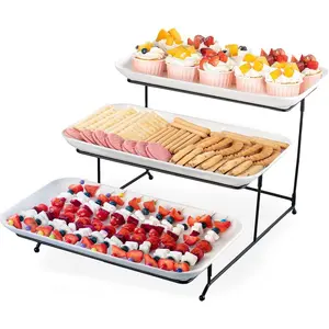 3 Tier Serving Tray Set 16 Inch, Large Porcelain Tiered Platters with Collapsible Stand - Serving Dishes for Entertaining Dessert Table Party, Easy Assembly, White