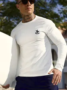 Men's Long Sleeve Sun Shirt - Surfing Rash Guard with Minimalist Surfer Logo, UV Protection Breathable Swim Top for Beach, Fishing, Hiking, Water Sports, White Slim Fit Tee for Men, Lightweight Rash Guards