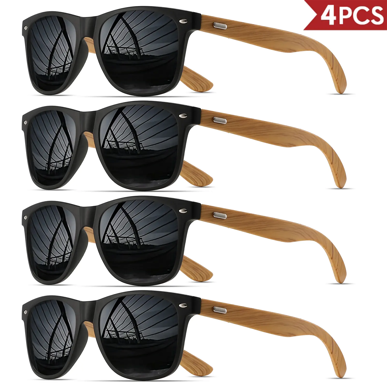 Fashionable Frames 4Pcs Lightweight Square Frame Sunglasses, Polarized UV400 Protection, Bamboo Texture, Unisex Men's Polarized & Women's Shades, Ideal for Casual Daily Wear & Vacation Beach Use, Fashionable Frames Sunglasses