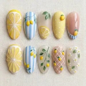 Summer Lemon Press On Nails, Fresh Citrus Nail Set, Yellow Blue Nails, Cute 3D Fruit Nails, Spring Summer Nails, Handmade Gel Nails