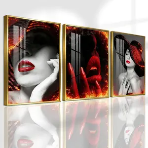 3 Counts Aluminum Alloy Framed Painting, Abstract Red Lips And Black Hat Lady Pictures, Home Decoration For Living Room, Bedroom, Office, Restaurant, Hallway Wall Decor, Odorless Print Artwork, Luxury Perfect Gift For Friends And Family