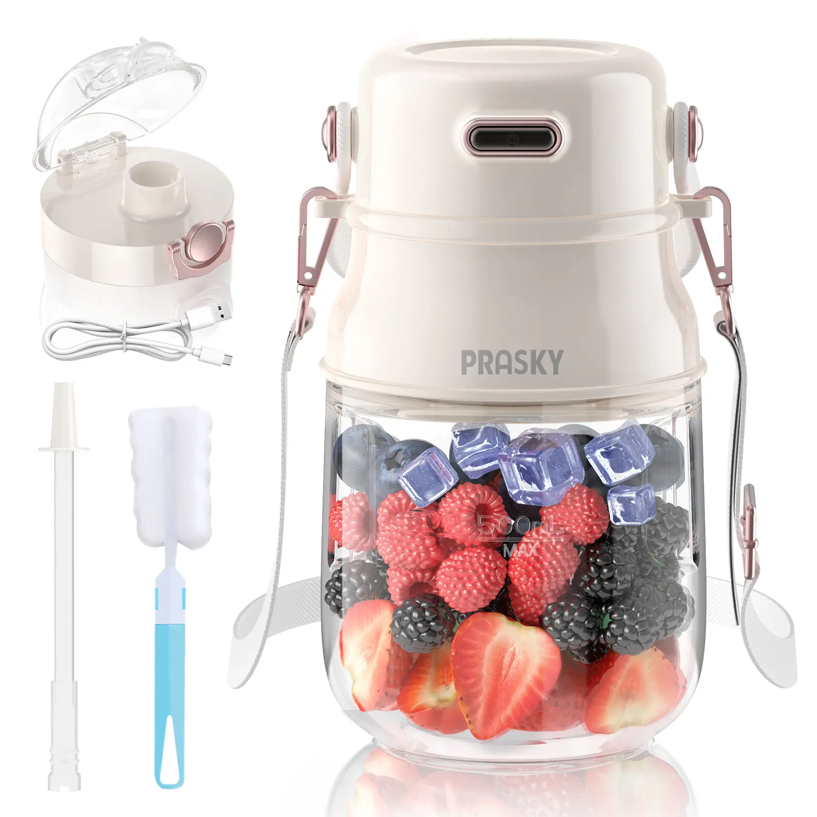 Prasky 27oz Compact Cordless Portable Blender - USB-C Port, USB Port, Shoulder Strap, BPA-Free Rechargeable Mixing Smoothie Maker for Family, Gyms, Travel (US Plug), Safety Lock, Plastic Body
