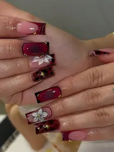 10pcs 3D Handmade Silk Flower Square Medium Nail Art, Red & Amber Color, Suitable For Women And Girls Daily Wear