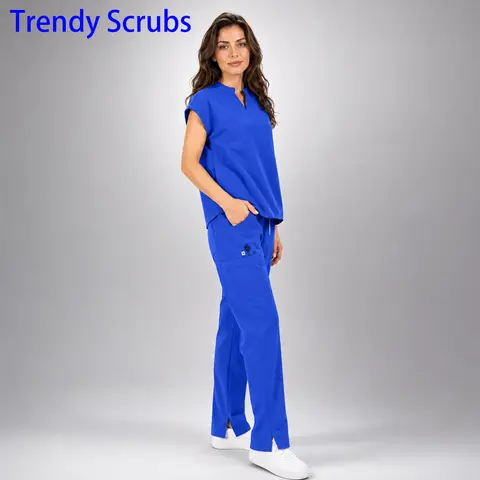 EADFLIE Women's Minimalist 2-Piece Classic Aesthetic Rayon Workwear Scrub Set - Sleeveless Stand Collar Breathable Spandex Top, Adjustable Straight Leg 9-Pocket Lightweight Nursing Pants for Pens & Badge Holders