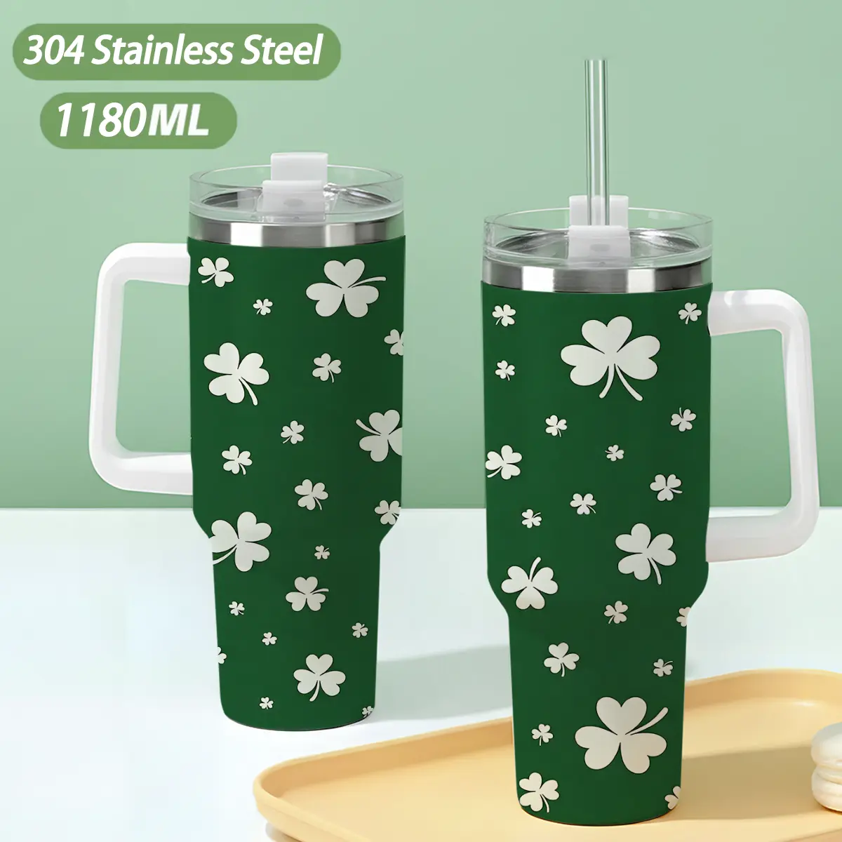 40oz Portable Insulated Water Bottle, 304 Stainless Steel Drink Tumbler with Lid and Handle, Dark Green with White Clover Design, Suitable for Car, Office, Birthday Gifts