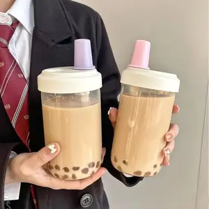 Milk Tea Straw Cup, 1 Count Portable Heat-resistant Plastic Water Cup with Straw, Tumbler with Lid, Drinking Cup for Home Office School Travel, Bottles