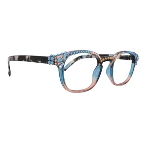 Havana, BLING (Blue Light Glasses) Reading, Magnifying (Aquamarine, Light Colorado ) Genuine European Crystals  (Square)  NY Fifth Avenue