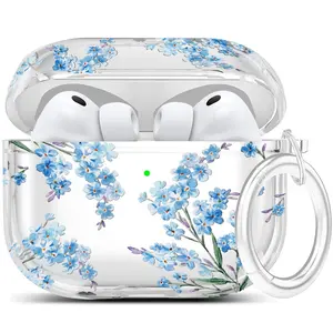 Clear Floral Case Cover for AirPods Pro 3 with Keychain for Women Girls