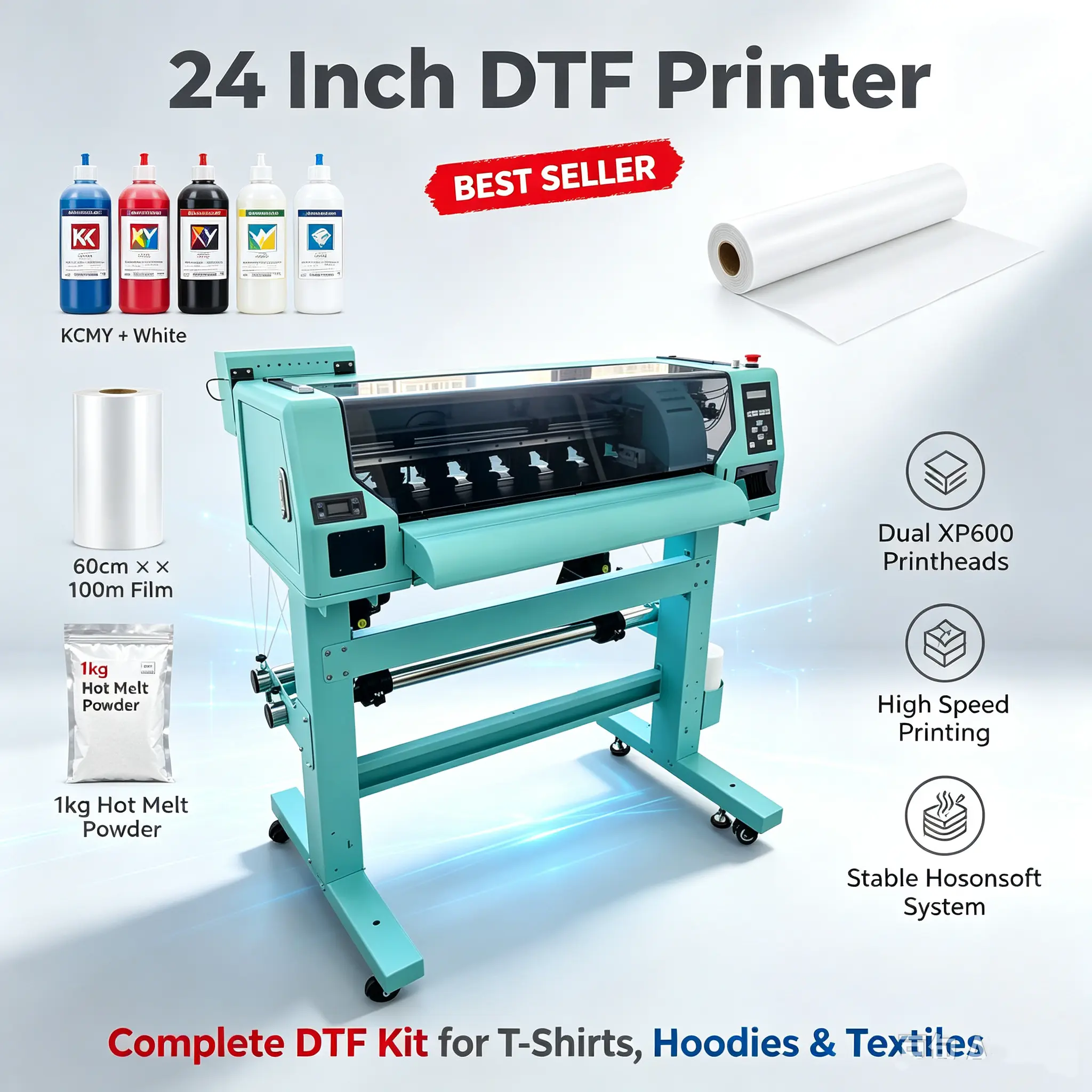 DTF Printer Machine - 24-Inch (60cm) PC-Compatible XP600 Model with Built-In Dual Heads, 4X Fast Prints vs L1800/1390, 5760dpi, for Clothes Printing (5×1000ml DTF Ink, 1kg Powder, 1 Roll Film) for DIY Users